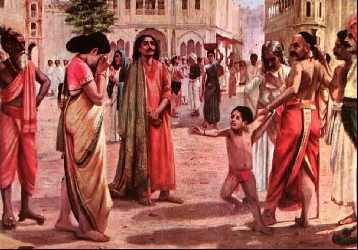 Harischandra in Distress, having lost his kingdom and all the wealth parting with his only son in an auction, Raja Ravi Varma